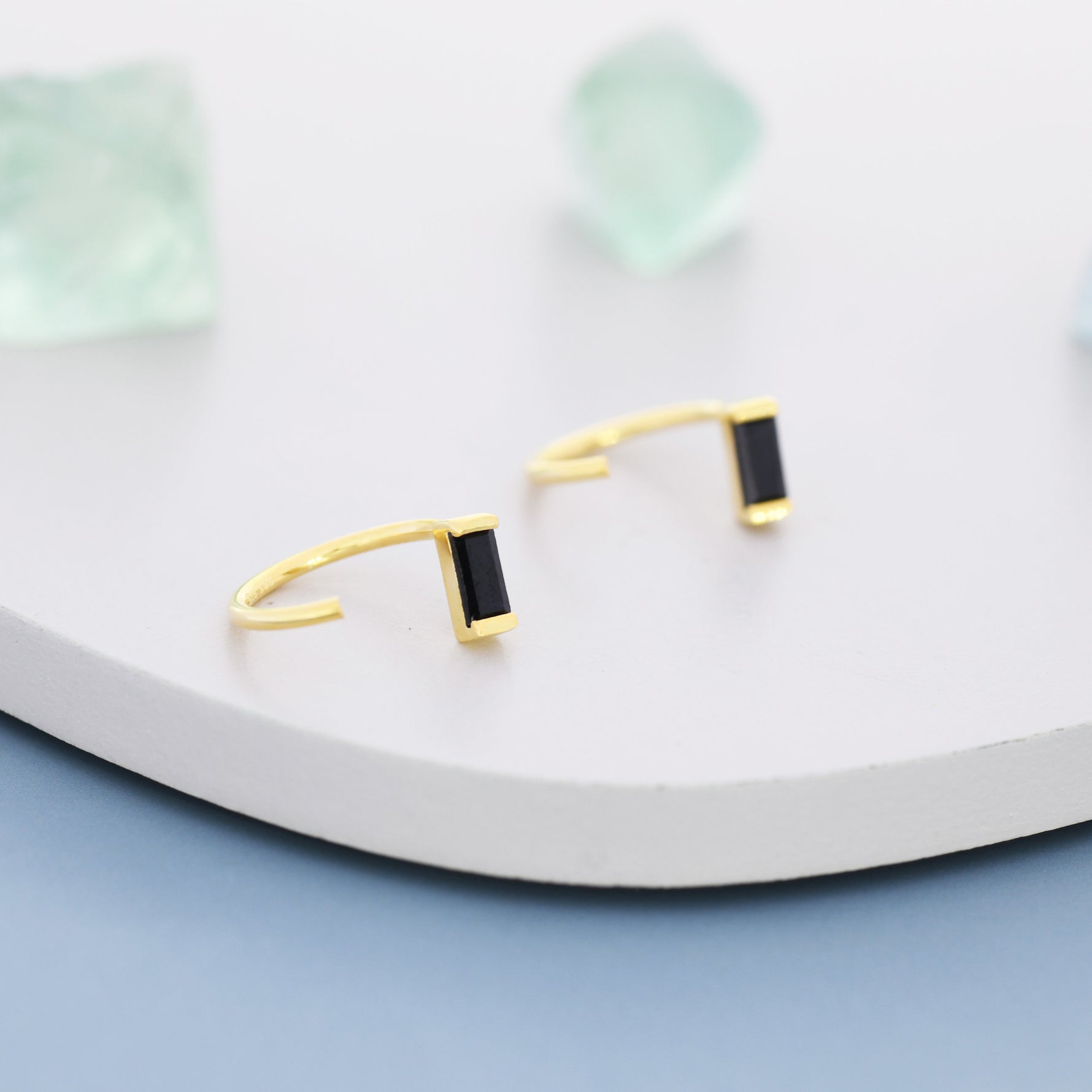 Black Baguette Cut CZ Huggie Hoop Earrings in Sterling Silver, Silver or Gold, Open Hoops, Pull-Through Threader Earrings,