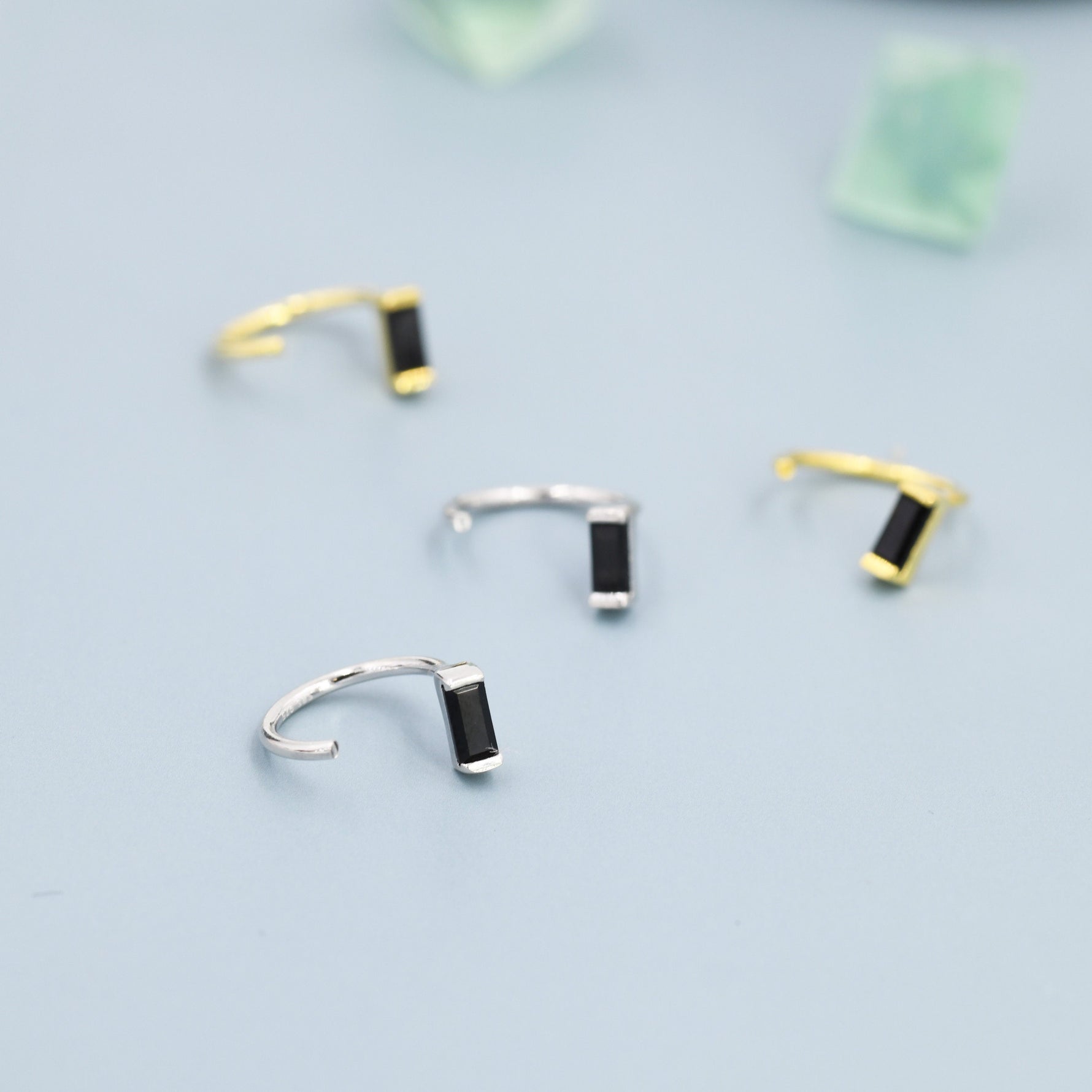 Black Baguette Cut CZ Huggie Hoop Earrings in Sterling Silver, Silver or Gold, Open Hoops, Pull-Through Threader Earrings,