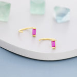 Ruby Pink Baguette Cut CZ Huggie Hoop Earrings in Sterling Silver, Silver or Gold, Open Hoops, Pull-Through Threader Earrings, Ruby Red
