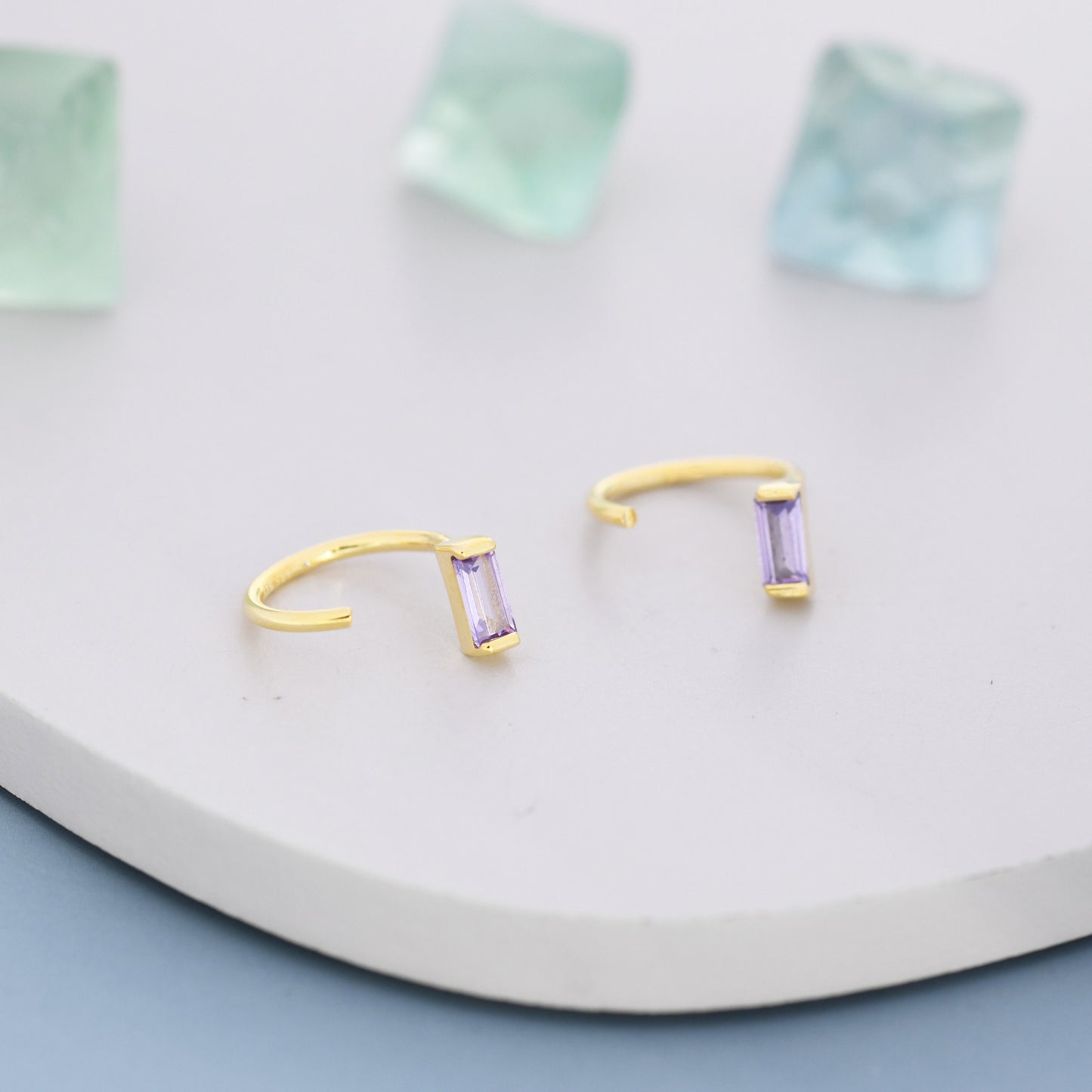 Amethyst Purple Baguette Cut CZ Huggie Hoop Earrings in Sterling Silver, Silver or Gold, Open Hoops, Pull-Through Threader Earrings