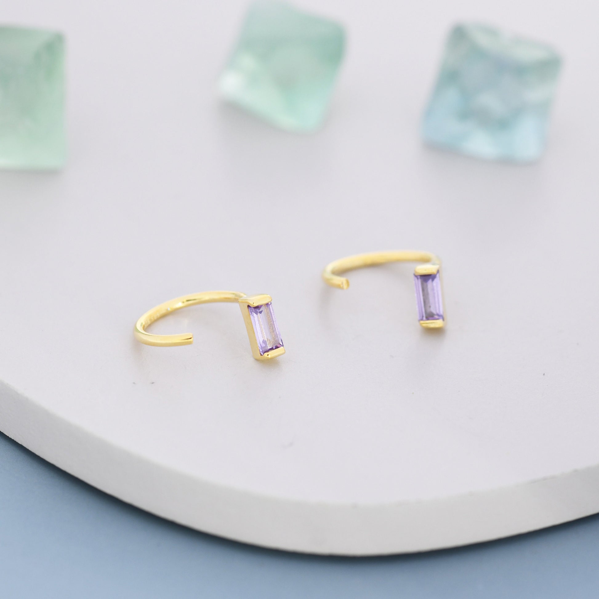 Amethyst Purple Baguette Cut CZ Huggie Hoop Earrings in Sterling Silver, Silver or Gold, Open Hoops, Pull-Through Threader Earrings