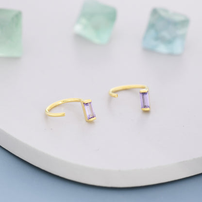 Amethyst Purple Baguette Cut CZ Huggie Hoop Earrings in Sterling Silver, Silver or Gold, Open Hoops, Pull-Through Threader Earrings