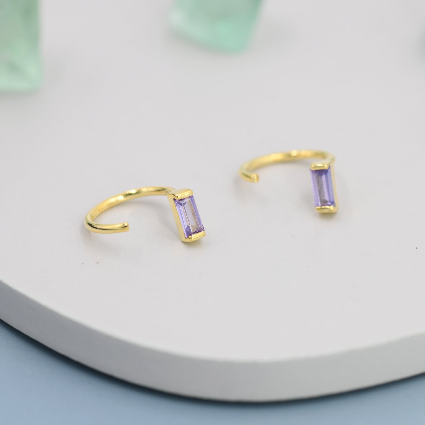 Amethyst Purple Baguette Cut CZ Huggie Hoop Earrings in Sterling Silver, Silver or Gold, Open Hoops, Pull-Through Threader Earrings