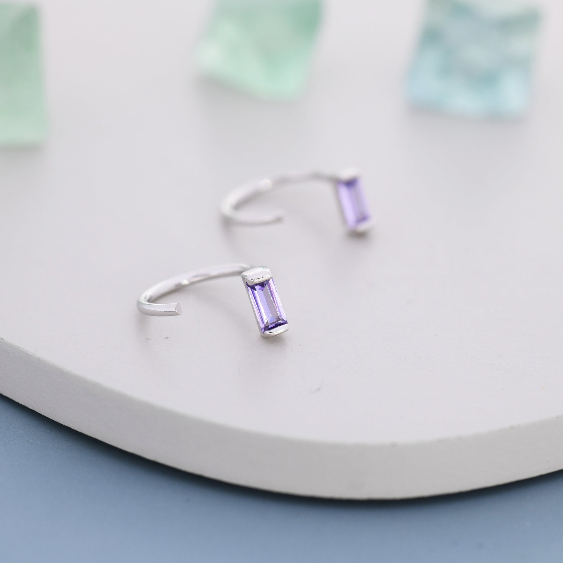 Amethyst Purple Baguette Cut CZ Huggie Hoop Earrings in Sterling Silver, Silver or Gold, Open Hoops, Pull-Through Threader Earrings