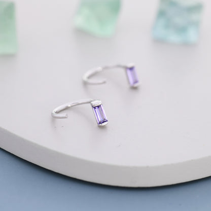 Amethyst Purple Baguette Cut CZ Huggie Hoop Earrings in Sterling Silver, Silver or Gold, Open Hoops, Pull-Through Threader Earrings