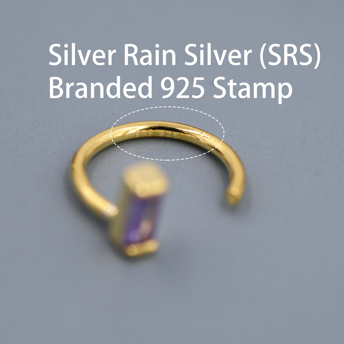 Amethyst Purple Baguette Cut CZ Huggie Hoop Earrings in Sterling Silver, Silver or Gold, Open Hoops, Pull-Through Threader Earrings