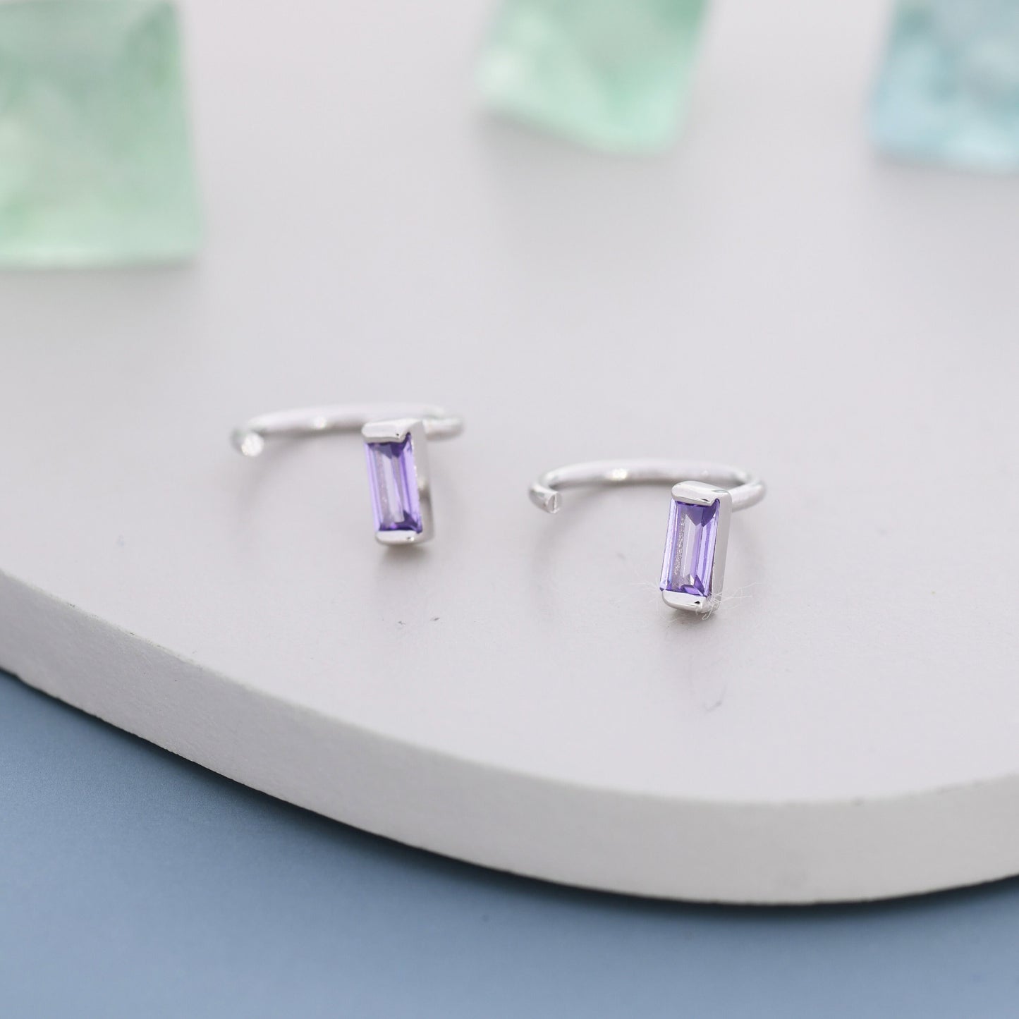 Amethyst Purple Baguette Cut CZ Huggie Hoop Earrings in Sterling Silver, Silver or Gold, Open Hoops, Pull-Through Threader Earrings