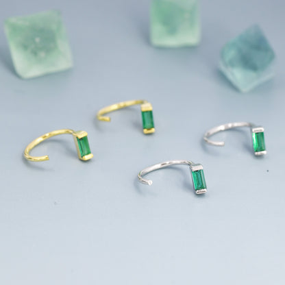 Emerald Green Baguette Cut CZ Huggie Hoop Earrings in Sterling Silver, Silver or Gold, Open Hoops,  Pull-Through Threader Earrings