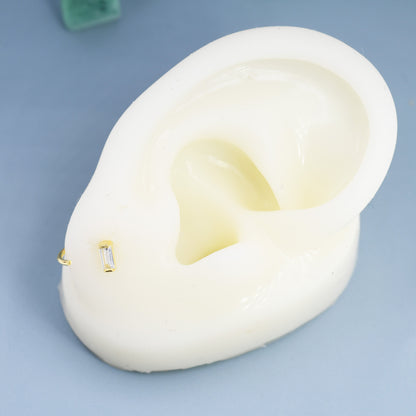 Sapphire Blue Baguette Cut CZ Huggie Hoop Earrings in Sterling Silver, Silver or Gold, Open Hoops, Pull-Through Threader Earrings