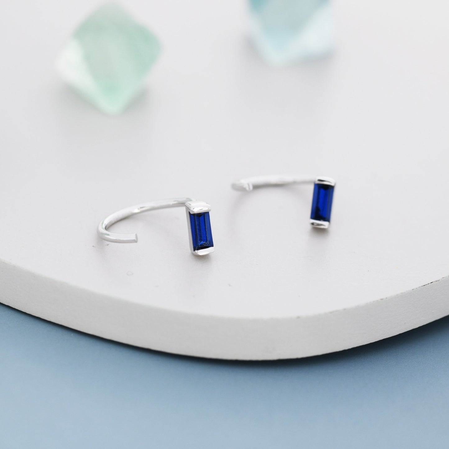 Sapphire Blue Baguette Cut CZ Huggie Hoop Earrings in Sterling Silver, Silver or Gold, Open Hoops,  Pull-Through Threader Earrings