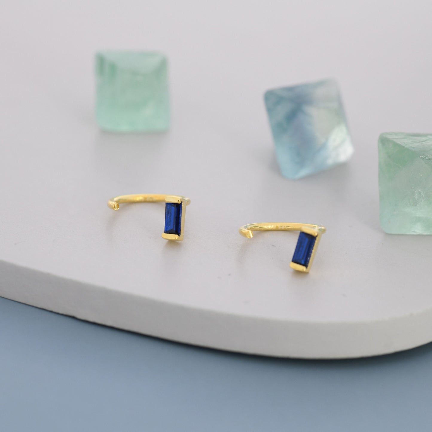 Sapphire Blue Baguette Cut CZ Huggie Hoop Earrings in Sterling Silver, Silver or Gold, Open Hoops, Pull-Through Threader Earrings