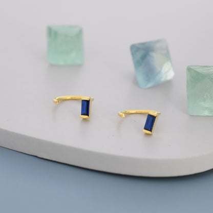Sapphire Blue Baguette Cut CZ Huggie Hoop Earrings in Sterling Silver, Silver or Gold, Open Hoops, Pull-Through Threader Earrings
