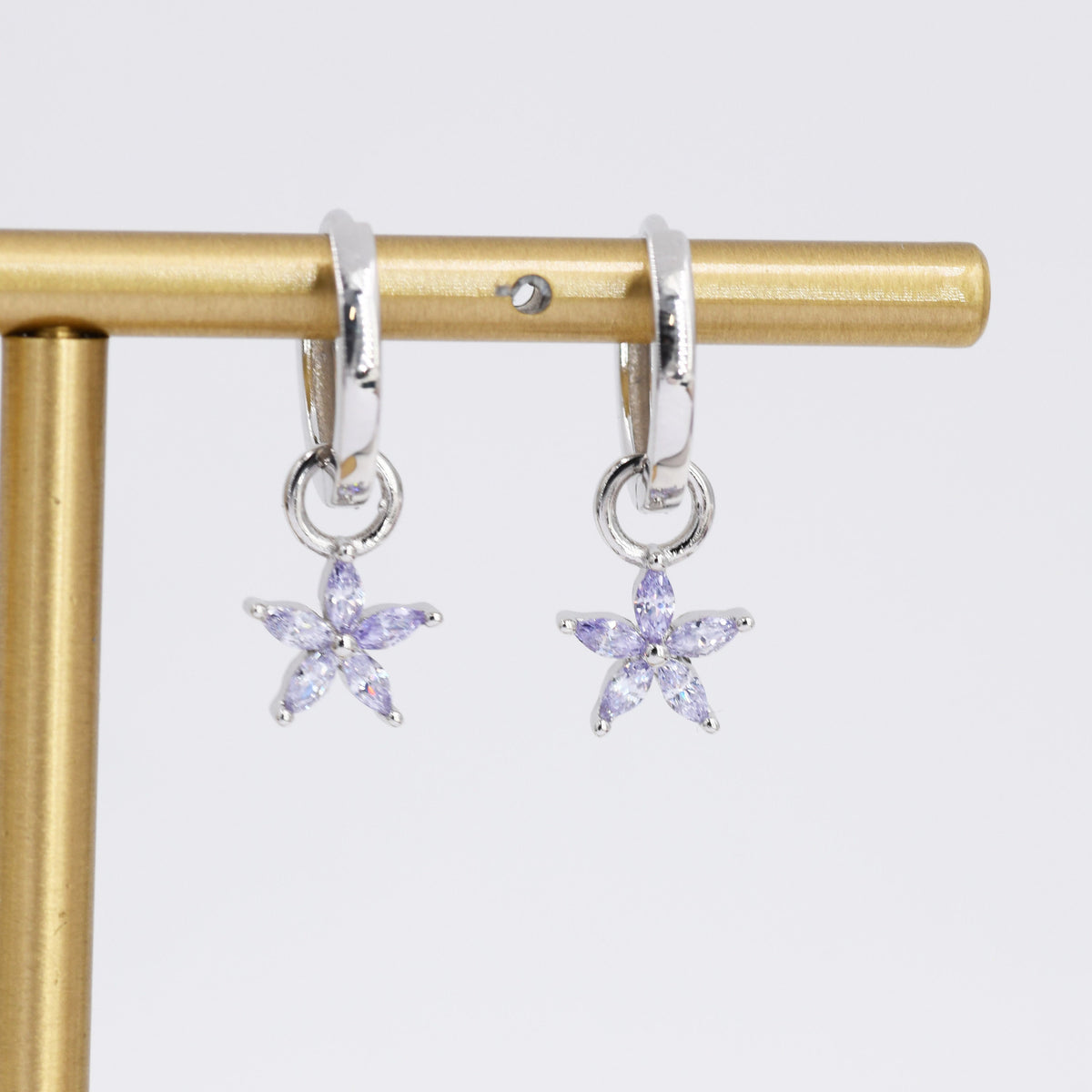 Lilac Purple Flower CZ Huggie Hoop in Sterling Silver, Silver or Gold, Minimalist Simple Hoop Earrings, Detachable and Interchangeable