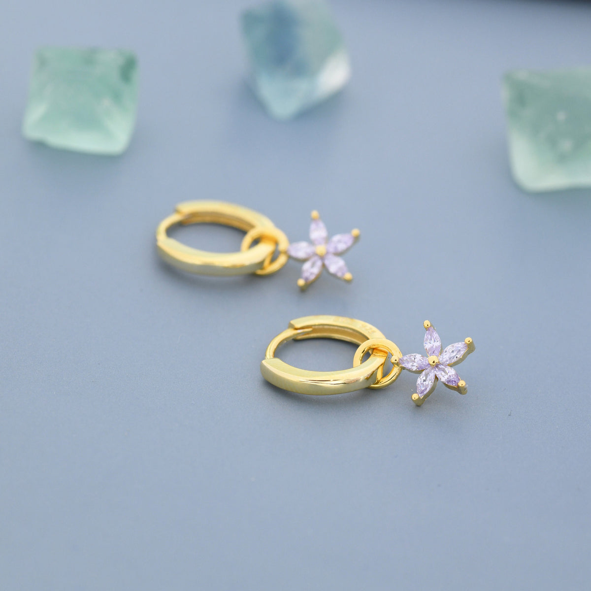 Lilac Purple Flower CZ Huggie Hoop in Sterling Silver, Silver or Gold, Minimalist Simple Hoop Earrings, Detachable and Interchangeable