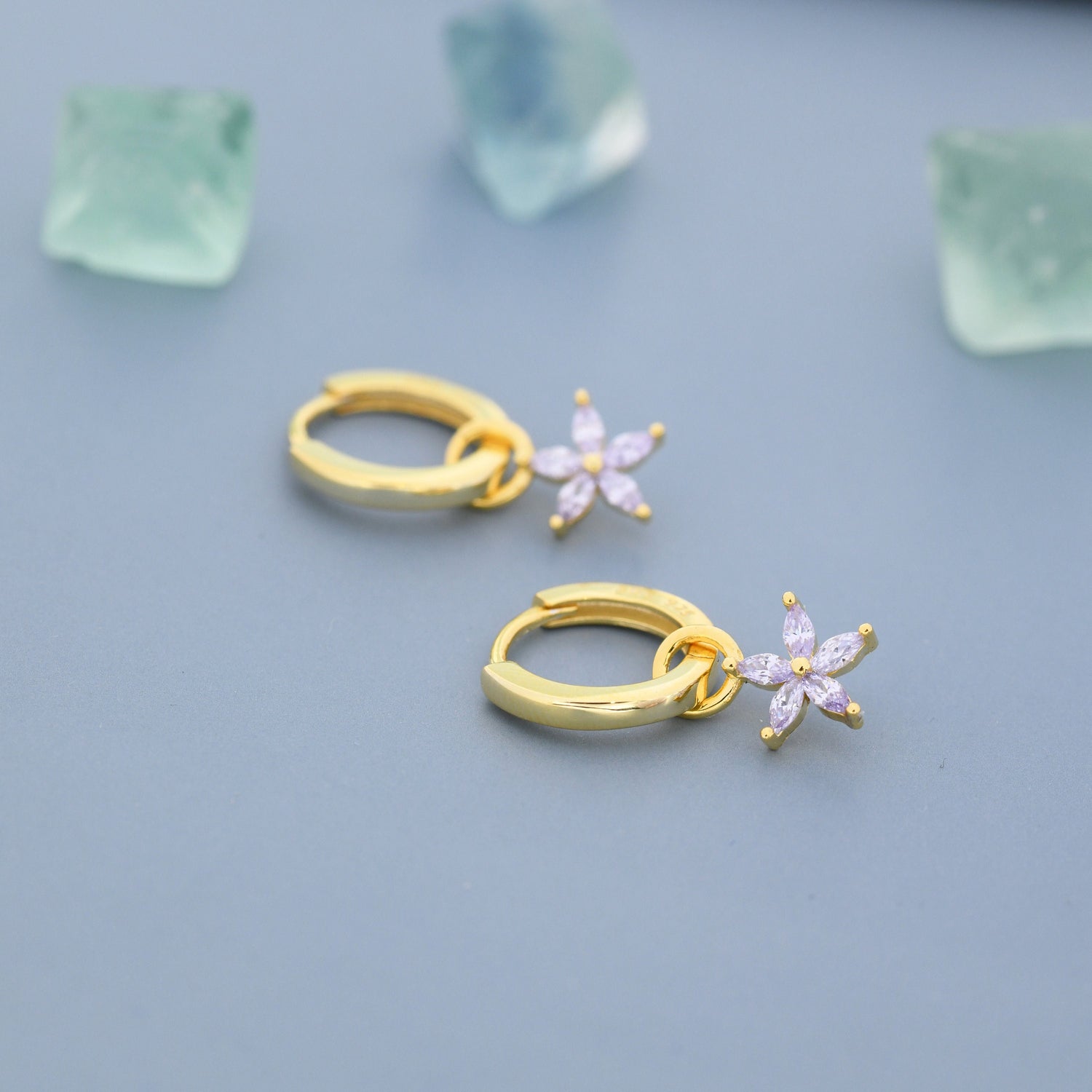 Lilac Purple Flower CZ Huggie Hoop in Sterling Silver, Silver or Gold, Minimalist Simple Hoop Earrings, Detachable and Interchangeable