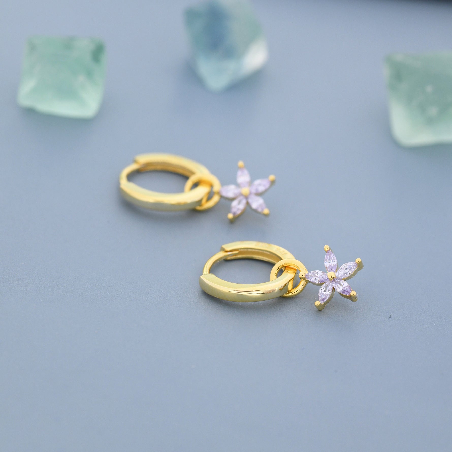 Lilac Purple Flower CZ Huggie Hoop in Sterling Silver, Silver or Gold, Minimalist Simple Hoop Earrings, Detachable and Interchangeable