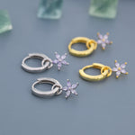 Lilac Purple Flower CZ Huggie Hoop in Sterling Silver, Silver or Gold, Minimalist Simple Hoop Earrings, Detachable and Interchangeable
