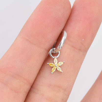 Citrine Yellow Flower CZ Huggie Hoop in Sterling Silver, Silver or Gold,  November Birthstone, Detachable and Interchangeable