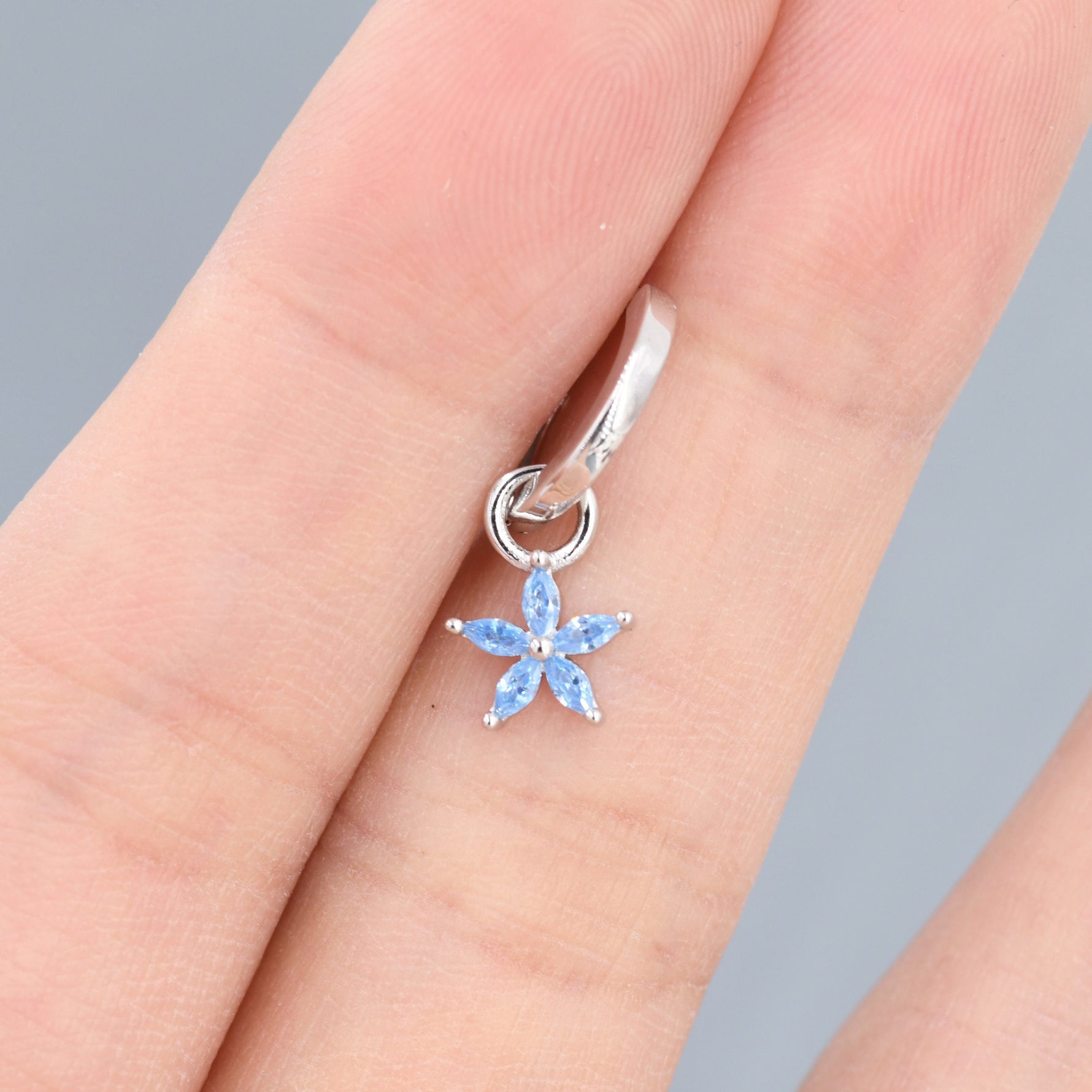 Aquamarine Blue Forget-me-not CZ Flower CZ Huggie Hoop in Sterling Silver, March Birthstone, Detachable and Interchangeable