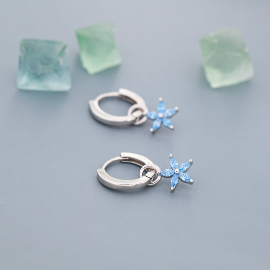 Aquamarine Blue Forget-me-not CZ Flower CZ Huggie Hoop in Sterling Silver, March Birthstone, Detachable and Interchangeable