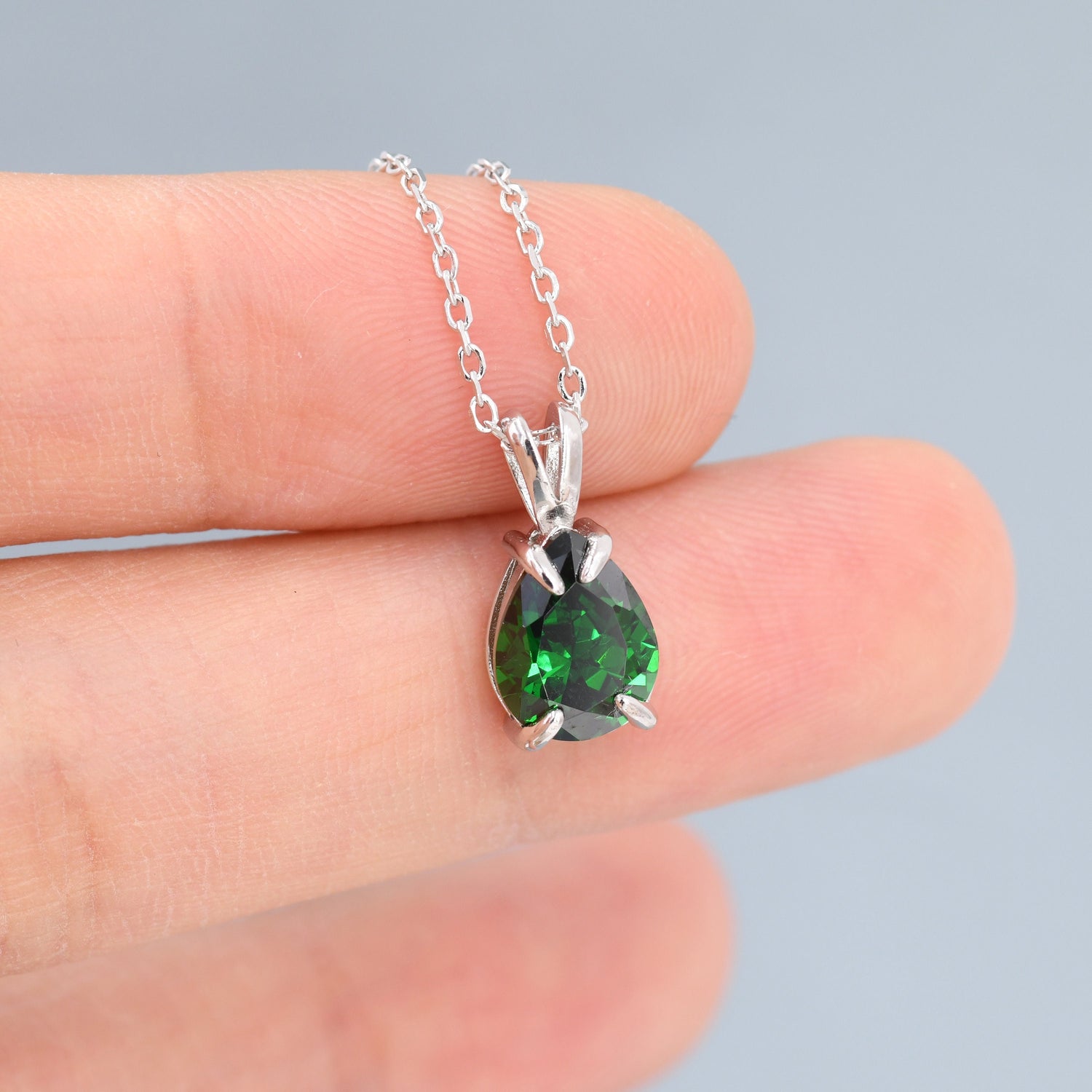 Emerald Green CZ Pear Cut Pendant Necklace
