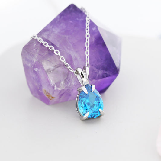 Aquamarine Blue Pear Cut CZ Necklace in Sterling Silver, 7 x 9mm, Blue Droplet necklace, Diamond CZ