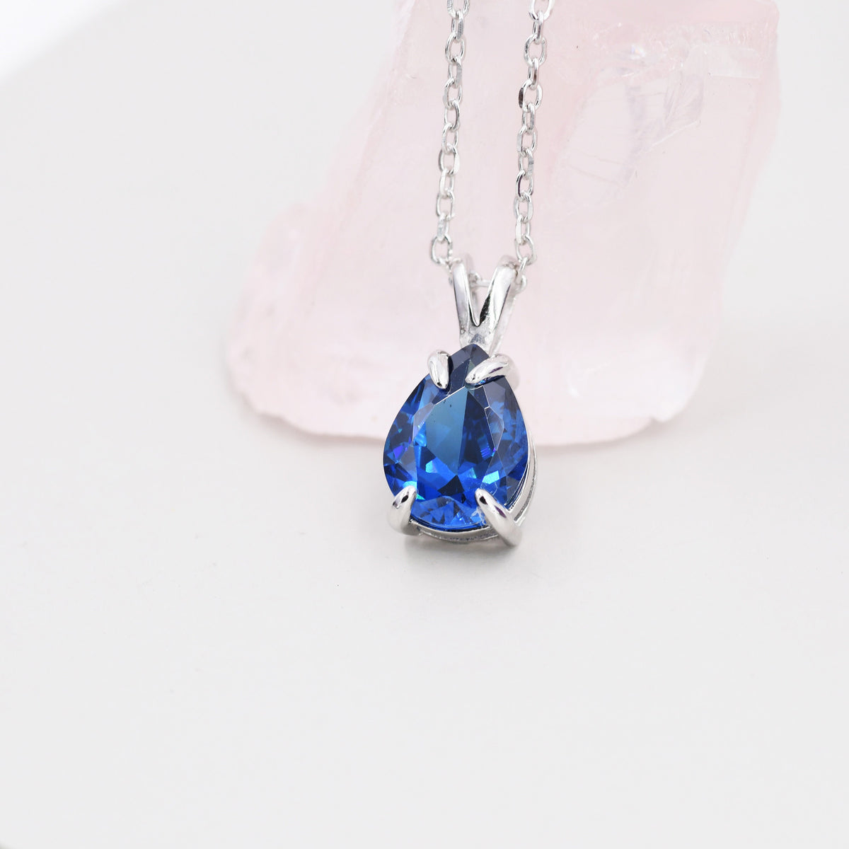 Sapphire Blue Pear Cut CZ Necklace in Sterling Silver, 7 x 9mm, Blue Droplet necklace, Diamond CZ, September Birthstone