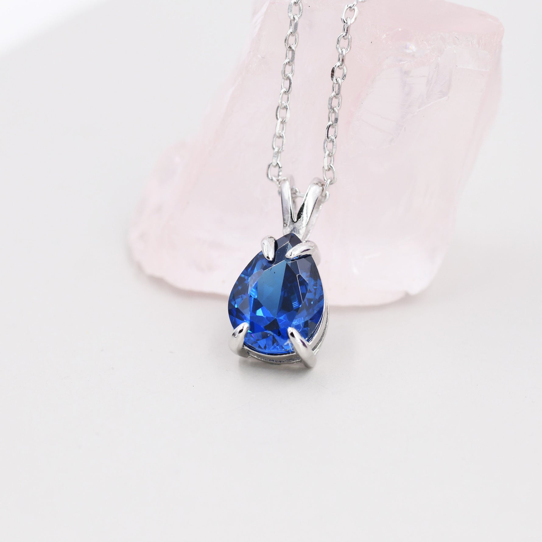 Sapphire Blue Pear Cut CZ Necklace in Sterling Silver, 7 x 9mm, Blue Droplet necklace, Diamond CZ, September Birthstone