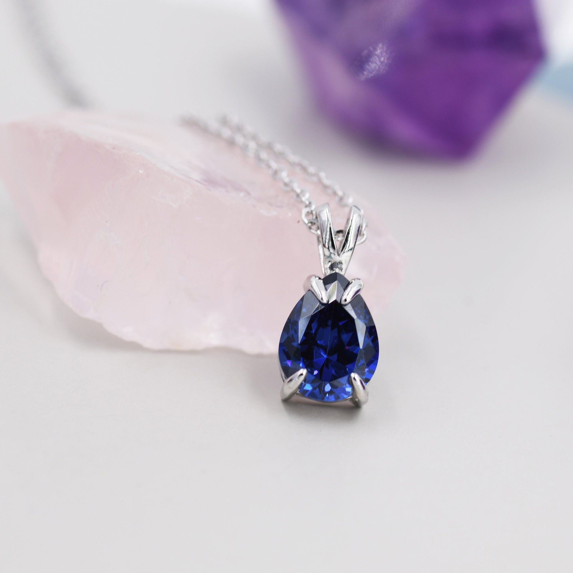 Royal Sapphire Blue Pear Cut CZ Necklace in Sterling Silver, 7 x 9mm, Dark Blue Droplet necklace, Diamond CZ, September Birthstone