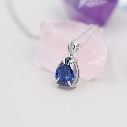 Royal Sapphire Blue Pear Cut CZ Necklace in Sterling Silver, 7 x 9mm, Dark Blue Droplet necklace, Diamond CZ, September Birthstone