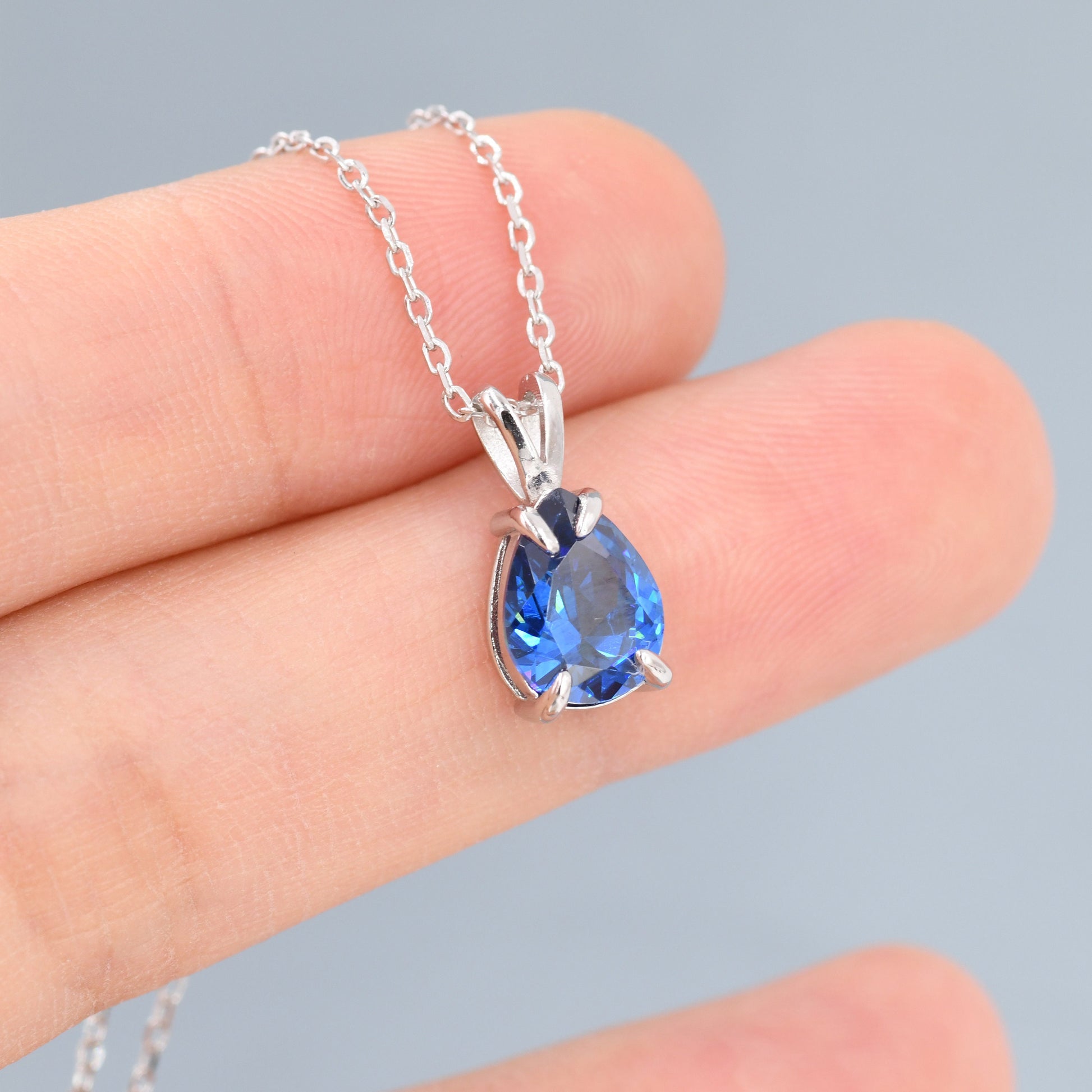 Royal Sapphire Blue Pear Cut CZ Necklace in Sterling Silver, 7 x 9mm, Dark Blue Droplet necklace, Diamond CZ, September Birthstone