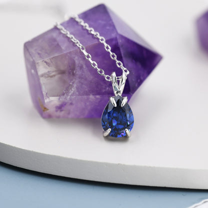 Royal Sapphire Blue Pear Cut CZ Necklace in Sterling Silver, 7 x 9mm, Dark Blue Droplet necklace, Diamond CZ, September Birthstone