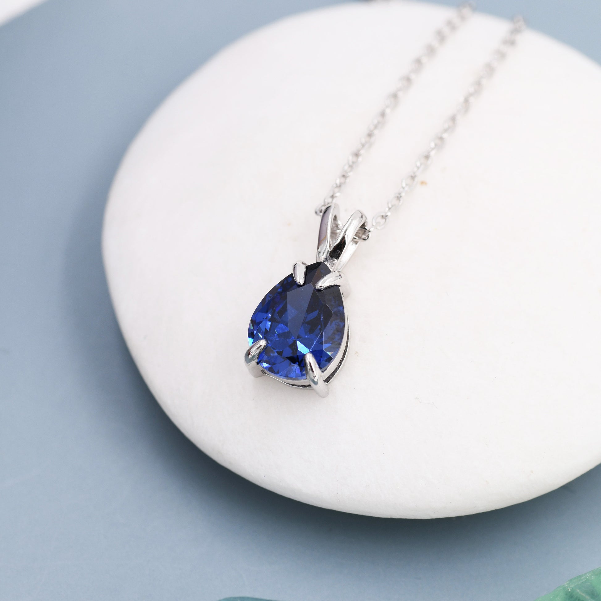 Royal Sapphire Blue Pear Cut CZ Necklace in Sterling Silver, 7 x 9mm, Dark Blue Droplet necklace, Diamond CZ, September Birthstone
