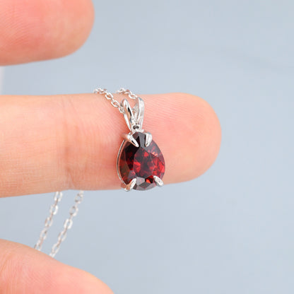 Garnet Red Pear Cut CZ Necklace in Sterling Silver, 7 x 9mm, Dark Red Droplet necklace, Diamond CZ, January Birthstone