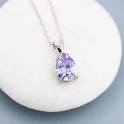 Alexandrite Purple Blue Pear Cut CZ Necklace in Sterling Silver, 7 x 9mm, Purple Droplet necklace, Diamond CZ, June Birthstone