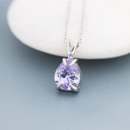 Alexandrite Purple Blue Pear Cut CZ Necklace in Sterling Silver, 7 x 9mm, Purple Droplet necklace, Diamond CZ, June Birthstone