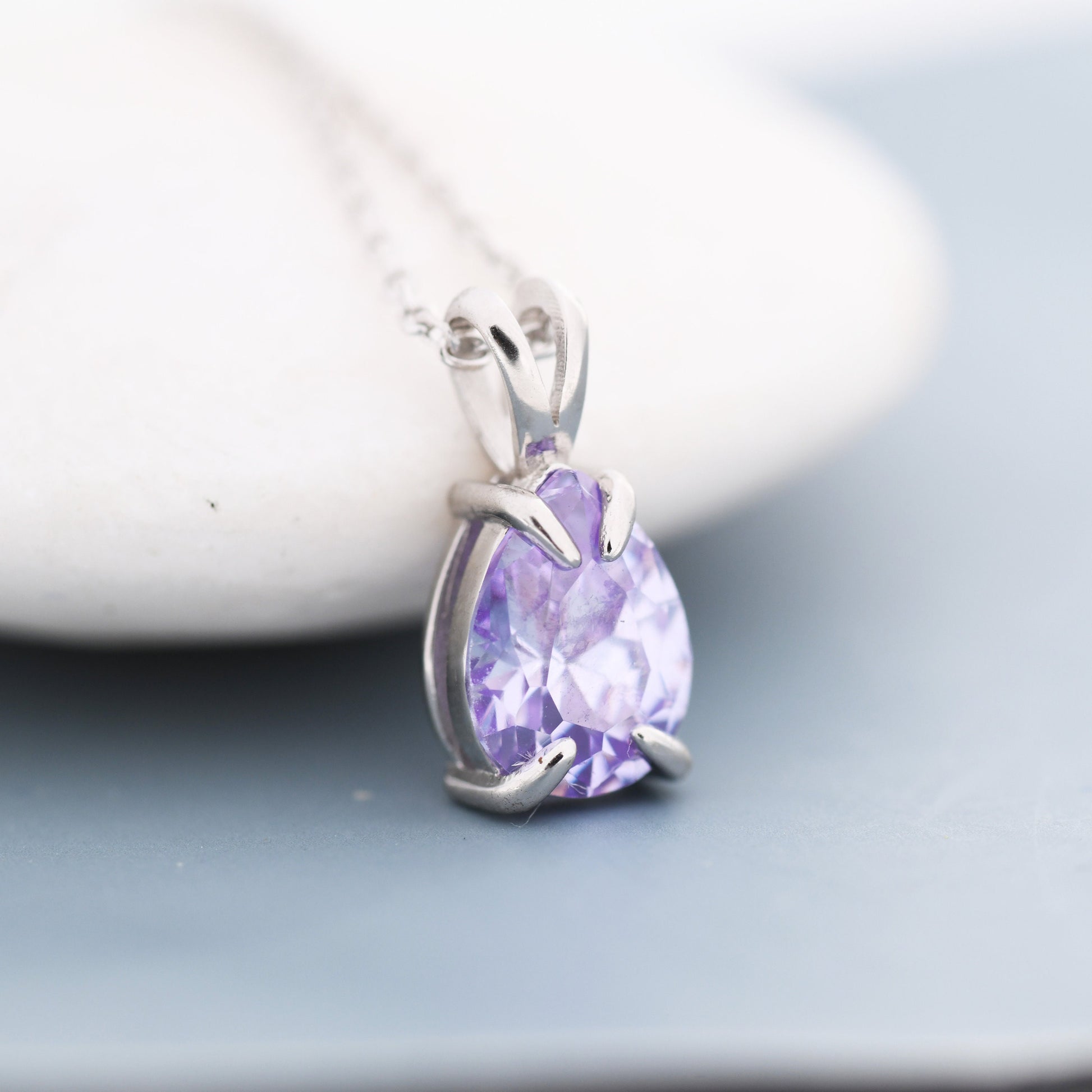 Alexandrite Purple Blue Pear Cut CZ Necklace in Sterling Silver, 7 x 9mm, Purple Droplet necklace, Diamond CZ, June Birthstone