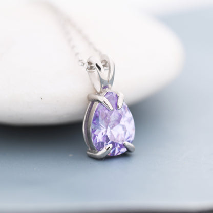 Alexandrite Purple  Blue Pear Cut CZ Necklace in Sterling Silver, 7 x 9mm,  Purple Droplet necklace, Diamond CZ,  June Birthstone