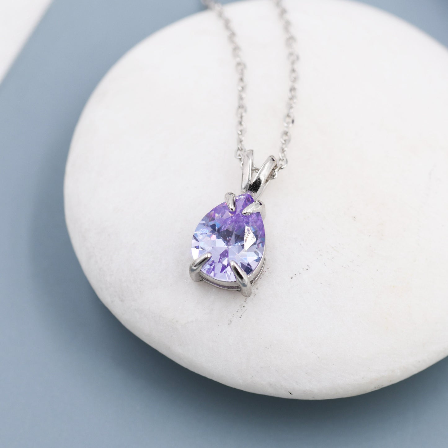 Alexandrite Purple Blue Pear Cut CZ Necklace in Sterling Silver, 7 x 9mm, Purple Droplet necklace, Diamond CZ, June Birthstone