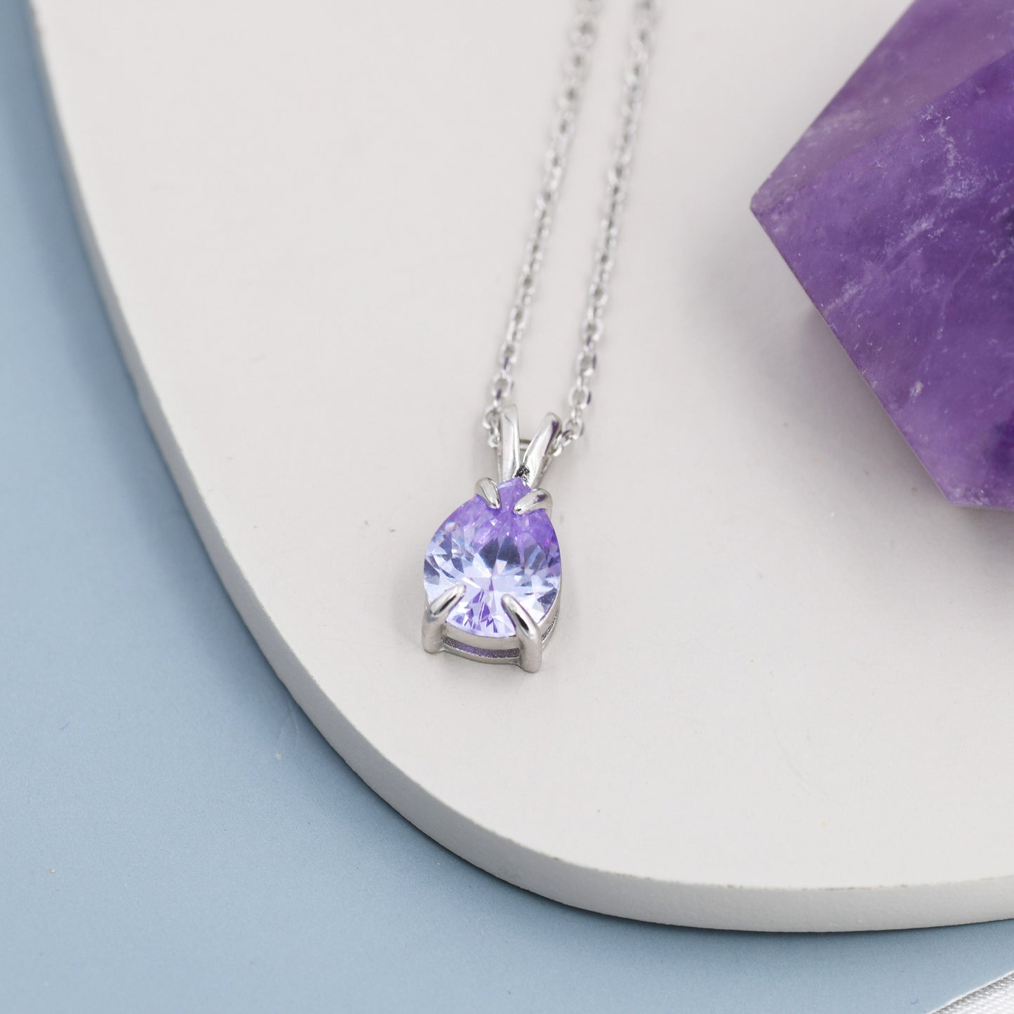 Alexandrite Purple Blue Pear Cut CZ Necklace in Sterling Silver, 7 x 9mm, Purple Droplet necklace, Diamond CZ, June Birthstone