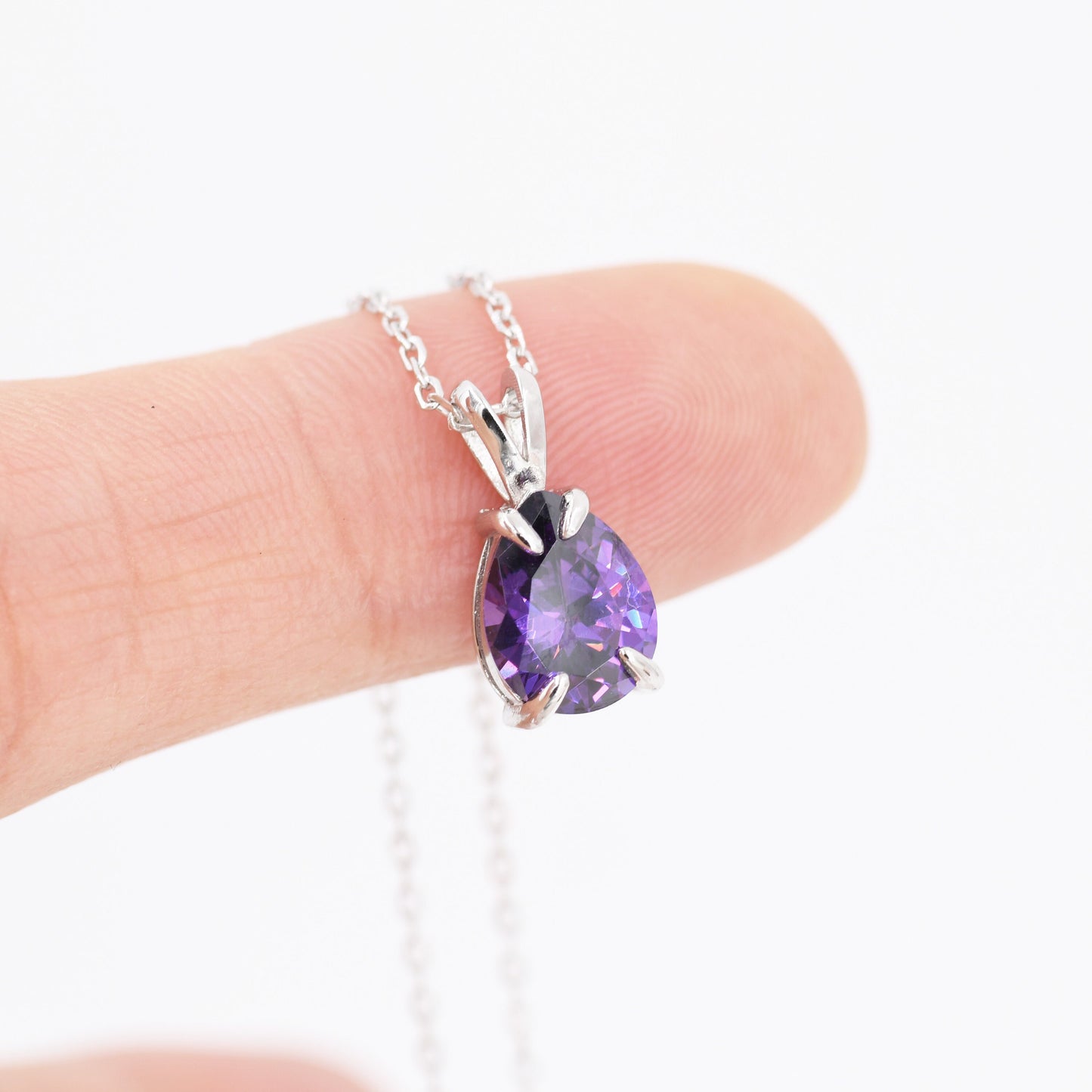 Amethyst Purple Pear Cut CZ Necklace in Sterling Silver, 7 x 9mm, Purple Droplet necklace, Diamond CZ, February Birthstone