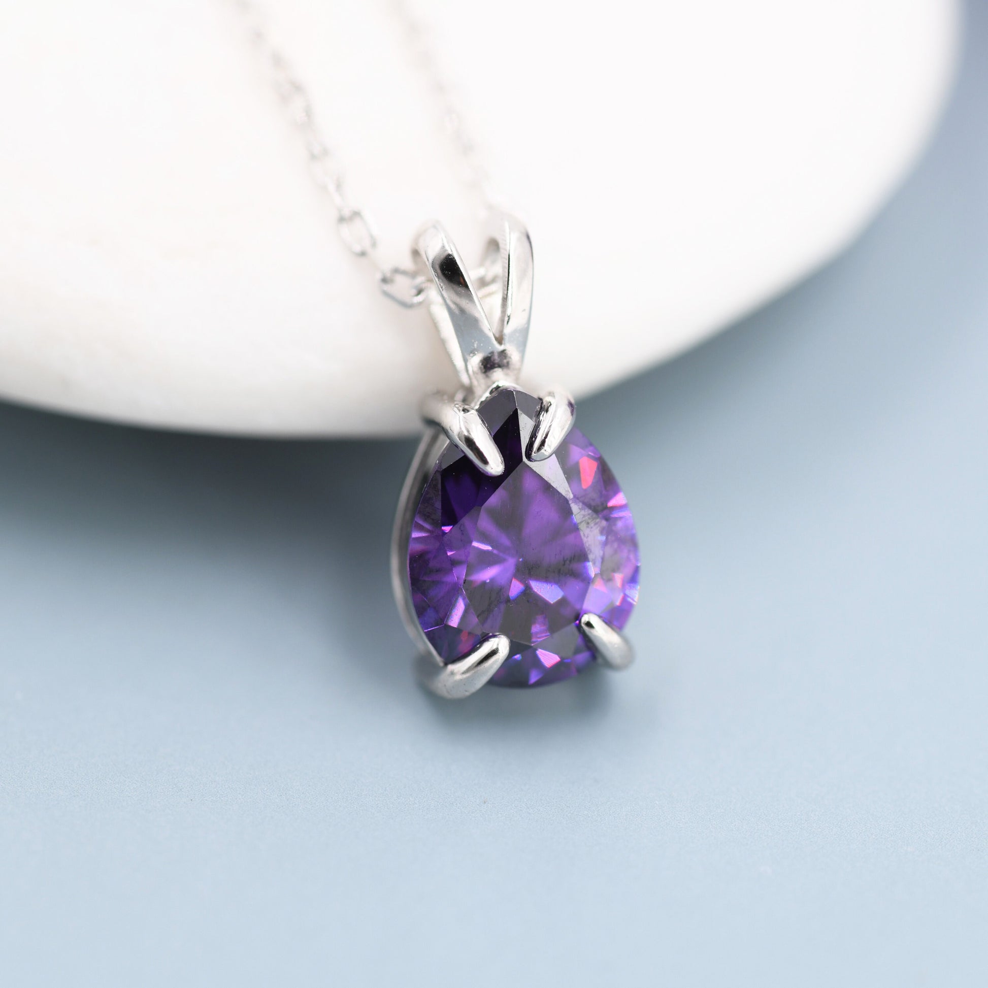 Amethyst Purple Pear Cut CZ Necklace in Sterling Silver, 7 x 9mm, Purple Droplet necklace, Diamond CZ, February Birthstone