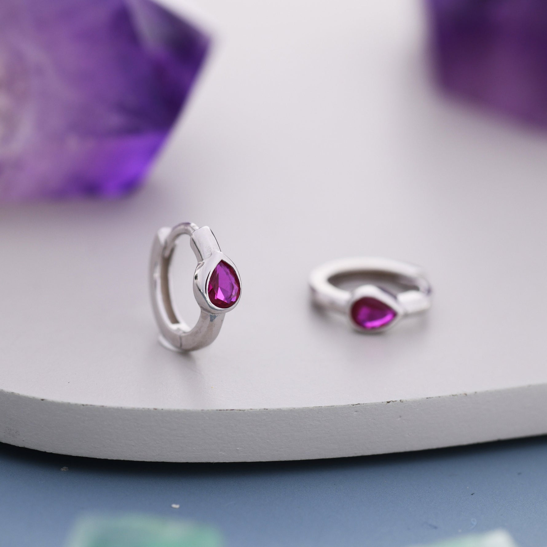 Ruby Red Pear Cut CZ Huggie Hoop in Sterling Silver, Silver or Gold, Minimalist Simple Ruby Pink Hoop Earrings