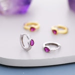 Ruby Red Pear Cut CZ Huggie Hoop in Sterling Silver, Silver or Gold, Minimalist Simple Ruby Pink Hoop Earrings