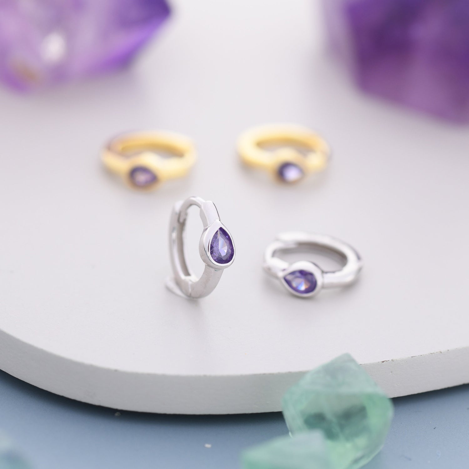 Amethyst Purple Pear Cut CZ Huggie Hoop in Sterling Silver, Silver or Gold, Minimalist Simple Amethyst Purple Hoop Earrings