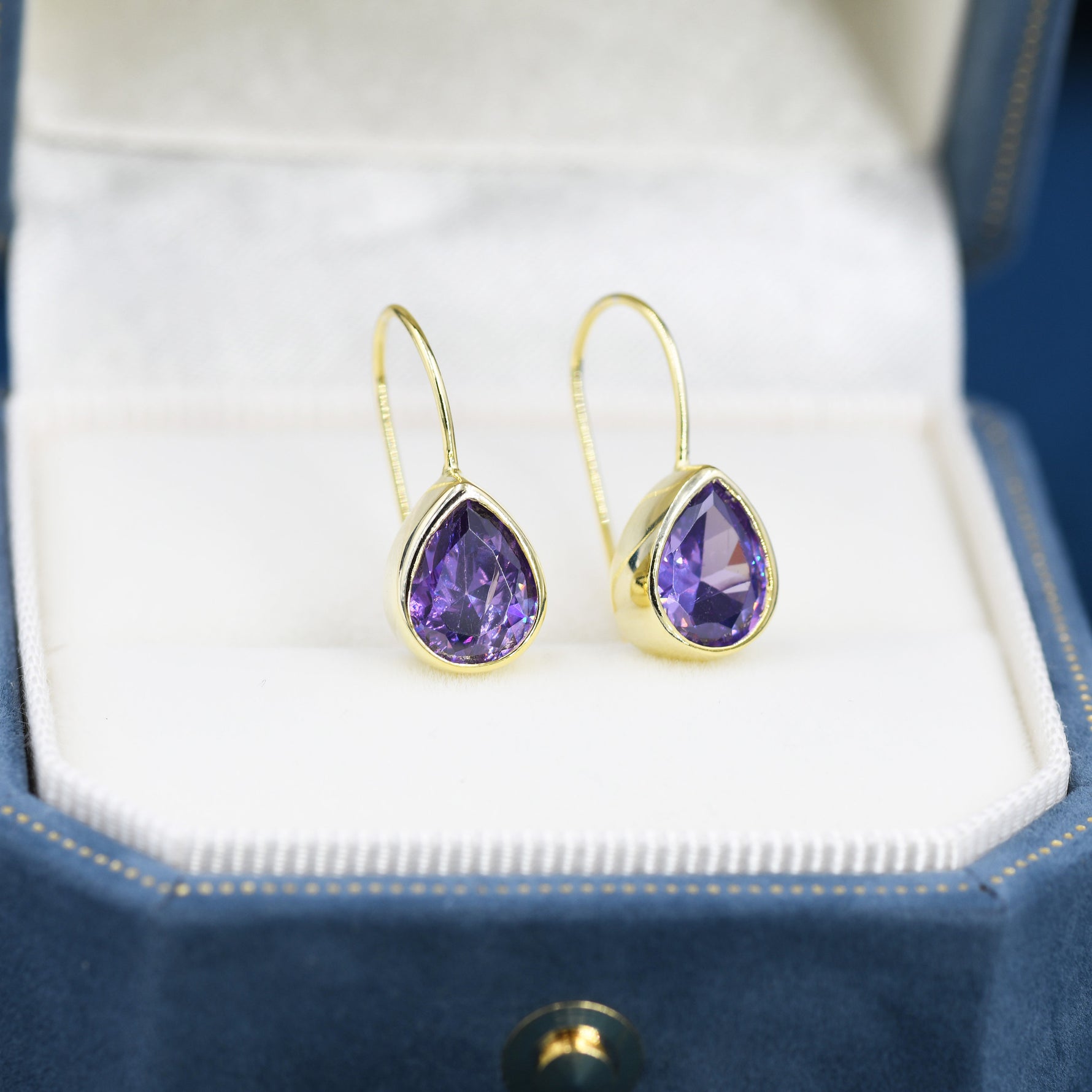 Sterling Silver Amethyst Purple CZ Droplet Drop Earrings in Sterling Silver, Silver or Gold, Chunky Pear Shape Hook Earrings