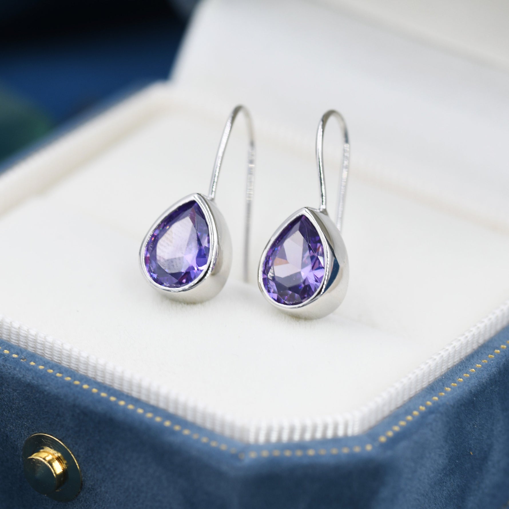 Sterling Silver Amethyst Purple CZ Droplet Drop Earrings in Sterling Silver, Silver or Gold, Chunky Pear Shape Hook Earrings