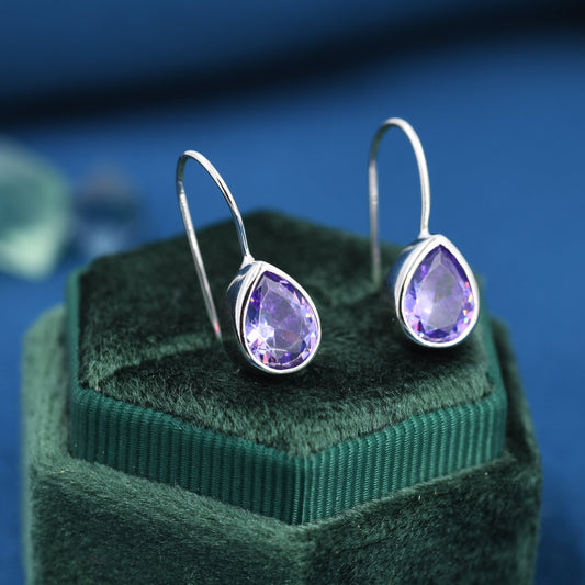 Sterling Silver Amethyst Purple CZ Droplet Drop Earrings in Sterling Silver, Silver or Gold, Chunky Pear Shape Hook Earrings