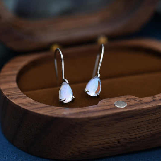 Sterling Silver Simulated Moonstone Droplet Drop Earrings in Sterling Silver, Mermaid Aurora Crystal, Chunky Pear Shape Hook Earrings