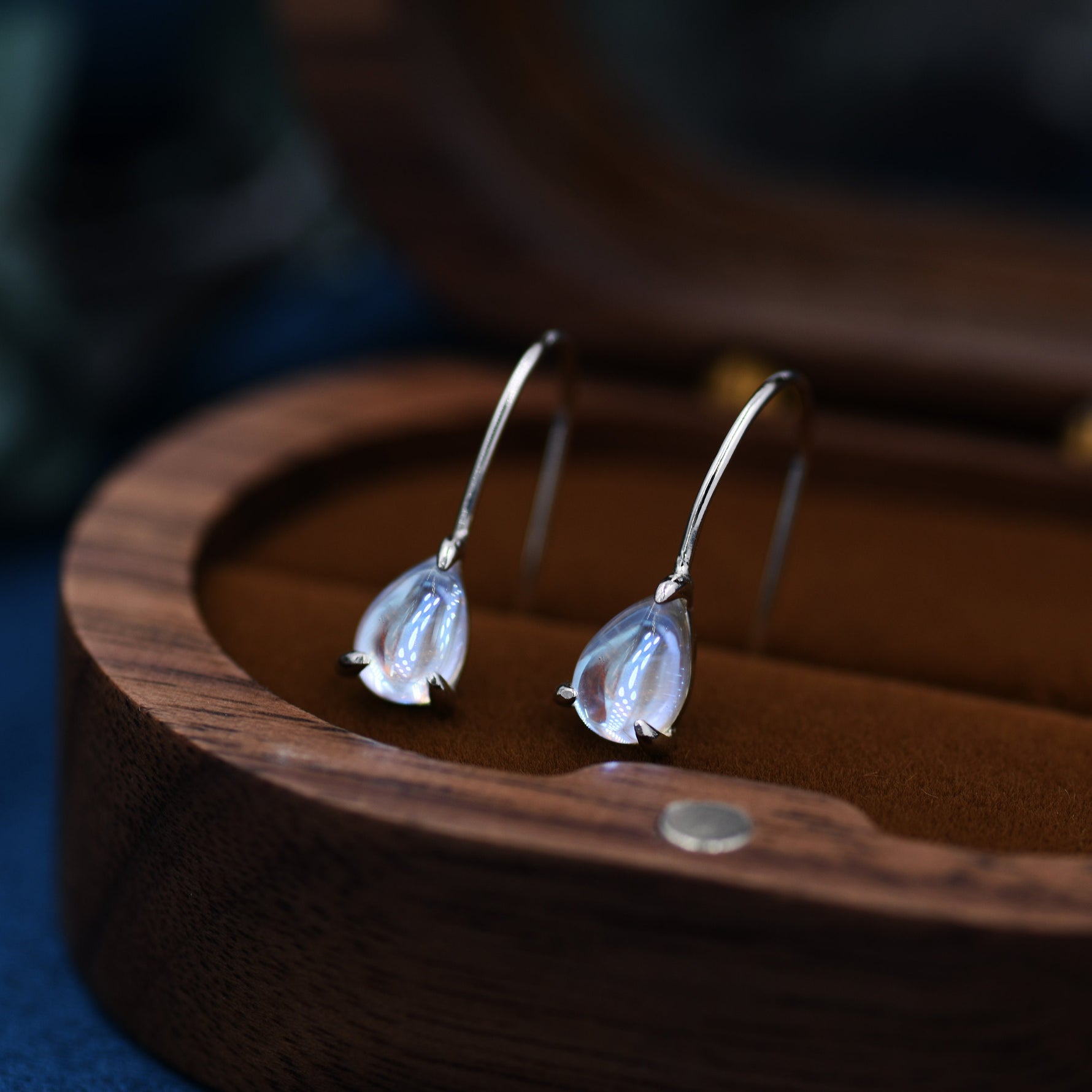 Sterling Silver Simulated Moonstone Droplet Drop Earrings in Sterling Silver, Mermaid Aurora Crystal, Chunky Pear Shape Hook Earrings